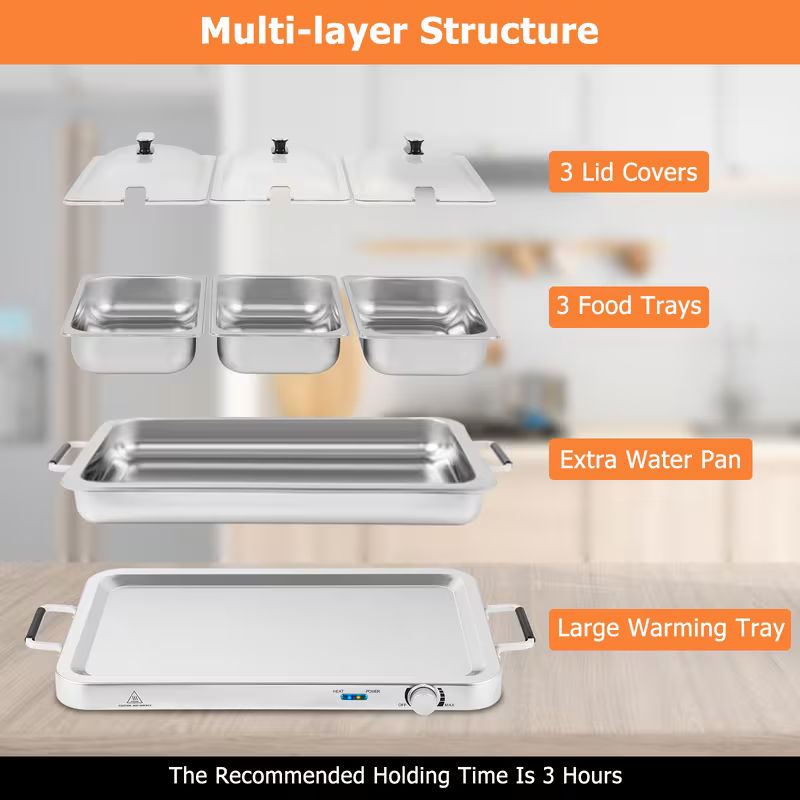 8-Quart Stainless Steel 3-Tray Electric Buffet Server and Warming Tray