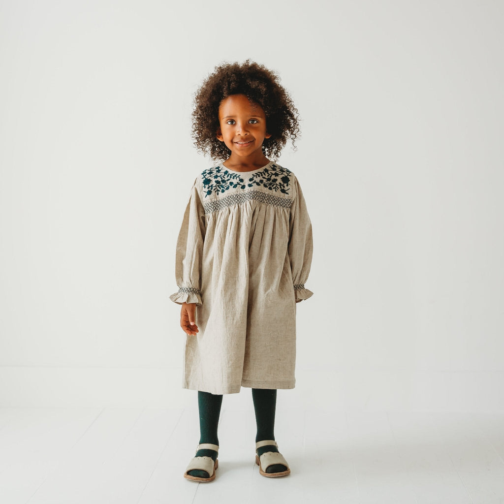 Meadow Breeze Linen Embroidered Oasis Dress | Girls' Smocked Linen Dress