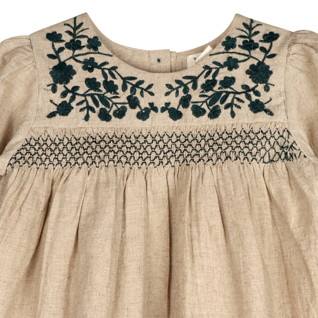 Meadow Breeze Linen Embroidered Oasis Dress | Girls' Smocked Linen Dress