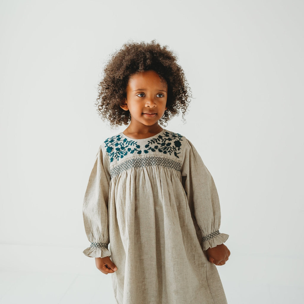 Meadow Breeze Linen Embroidered Oasis Dress | Girls' Smocked Linen Dress