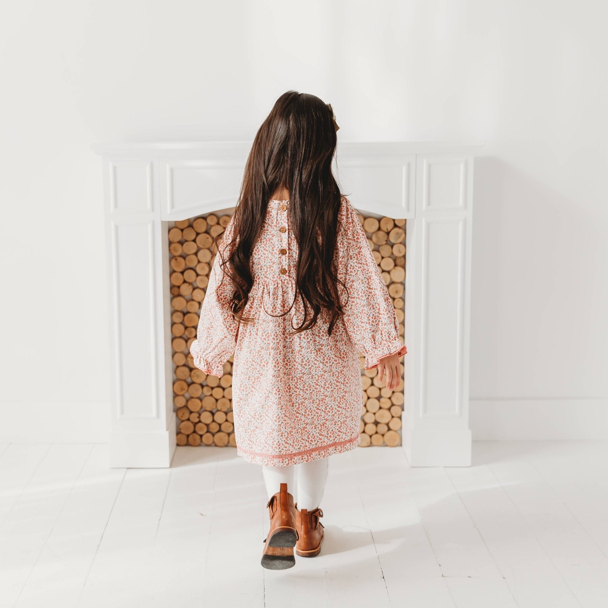 Pink Ditsy Floral Corduroy Dress | Girls’ Lace Trim Autumn Dress
