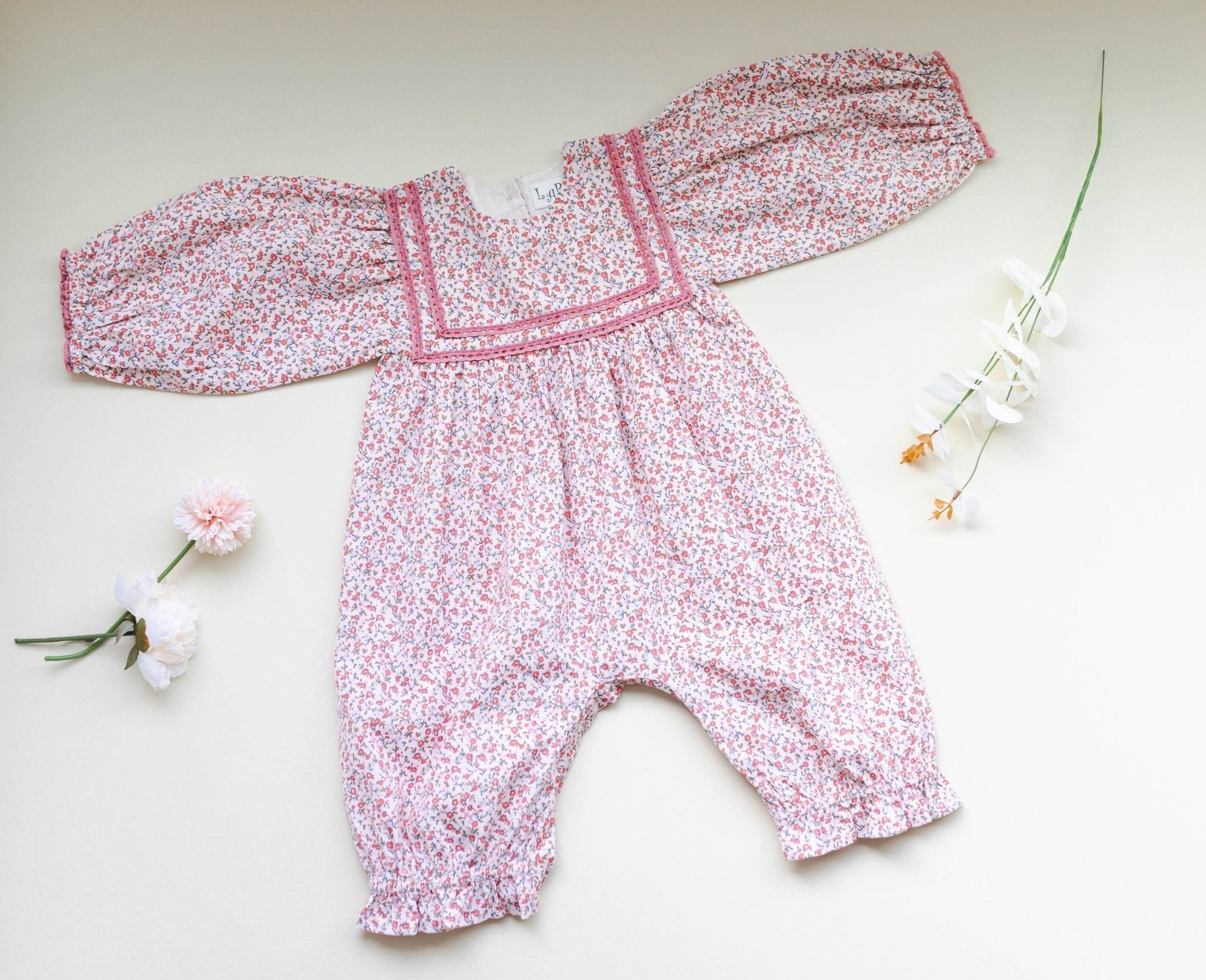 Pink Ditsy Floral Corduroy Romper | Girls' Lace Autumn Romper